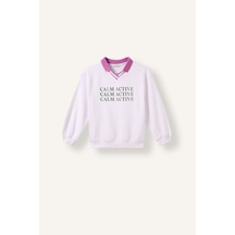 Defacto Relax Fit Kontrast Polo Yaka Baskılı Sweatshirt Kız Çocuk I3837a826auwt34 Beyaz-wt34