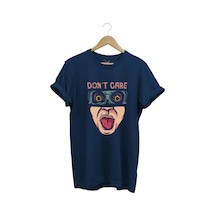 Unisex Don't Care Yazı Baskılı Şık Tasarımlı %100 Pamuk Bisiklet Yaka Lacivert T-shirt Lacivert