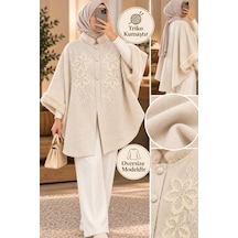Genel Markalar Novea Scarf Krem Papatya İşlemeli Kürklü Triko Panço Krem - 942424639 Krem