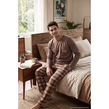 Buratti Ekoseli Pamuklu Bisiklet Yaka Pijama Takımı Erkek Pijama Takımı 6575007 Kahve