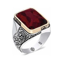Gumush ​Gümüş Bordo Taşlı Köşeli Erkek Yüzük  510933212