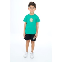 Toontoy Kids Toontoy Erkek Çocuk 2'li Takım Baskılı Bisiklet Yaka Tişört & Beli Lastikli Şort Koyu Yeşil