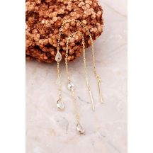 Damla Taşlı Altın Yaldızlı Gümüş Zincir Küpe 5210