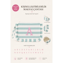 Beige & Stone Kişiye Özel Harf Detaylı Mavi Çizgili 17x29 Cm Volanlı Clutch & Portföy Çanta Kadın El Çantası Mavi - 896008664 Mavi