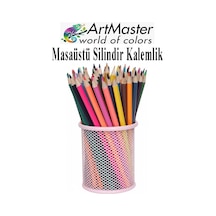 Masaüstü Metal Silindir Kalemlik 1 Adet Fileli Perfore Açık Pembe Kalemlik Kağıtlık Düzenleyici Büro Ofis Okul Açık Pembe