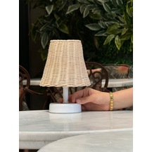Rattan & Bambu Masa Üstü Kablosuz Pilli Abajur Masa Lambası Beyaz