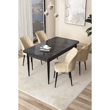 Canisa Concept Arp Serisi 70x110 Sabit Mutfak Masası Takımı Siyah Mermer Desen Masa 4 Krem Sandalye Masam Siyah/ Sandalyeler Krem