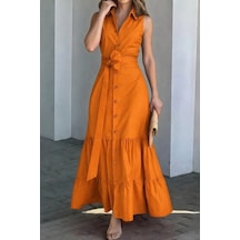 Valensdesign Kadın Kolsuz Yaka Onu Düğmeli Belden Kuşaklı Uzun Trikoton Elbise Turuncu