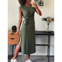 Kadın Kısa Kollu Yuvarlak Yaka Belden Bağcıklı Önden Yırtmaçlı Aerobin Elbise Haki