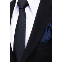 Esgue 8 Cm Klasik Geniş Hand Made Siyah - Lacivert Puantiye Desen Mendilli Kravat