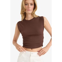 Defacto Slim Fit Dar Kesim Bisiklet Yaka Ribana Kolsuz Bluz F4422ax25aubn167 Kahve-bn167