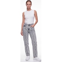 CEMO Kadın Yüksek Bel Straight Fit Ön Dikiş Detaylı Jean Pantolon Gri