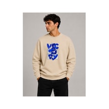 Herkesemoda Victory Baskı Detaylı Bisiklet Yaka Şardonlu 2 İplik Sweatshirt Bej