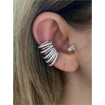 Pinery Jewels Büyük Earcuff Taşlı 10 Sıra Gümüş Renk Kadın Kıkırdak Küpe Altın