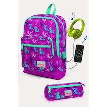 Coral High Kids Koyu Pembe Su Yeşili Peri Desenli Usb'li 2'li Okul Çanta Seti - Kız Çocuk