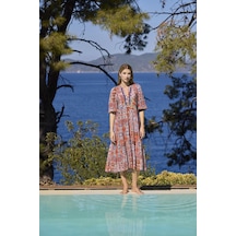 Monamise Kadın Etnik Desenli Truvakar Kollu Önü Düğmeli V Yaka Elbise 25031 Saks