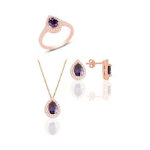 Gümüş Rose Ametis Taşlı Damla Modeli Üçlü Set Gümüş Rose Ametis Taşlı Damla Modeli Üçlü Set