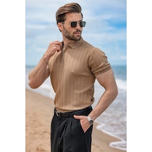 Madmext Camel Yarım Fermuarlı Polo Yaka Erkek Triko Tişört E7458