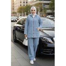 Hb Harma Time Butik Kadın Kapüşonlu Cepli Kot Mavi Tunik Pantolon Takım Mavi Mavi