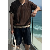 Tarz Cool Oversize Fit Çizgili Triko Polo Yaka Erkek Tişört Ribana Dokulu Premium Yazlık Model Kahverengi