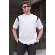 Madmext Beyaz Oversize Bisiklet Yaka Tişört 7003
