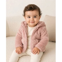 Bebitof Kız Bebek Pudra Pembe Peluş Kapüşonlu Fermuarlı Hırka
