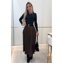 Moderie Butik Kadın Yüksek Belli Maxi Deri Kemersiz Etek Kahve