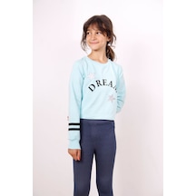 Toontoy Kız Çocuk Relax Fit Bisiklet Yaka Baskılı Crop Sweatshirt - 2 İplik Mint Yeşili