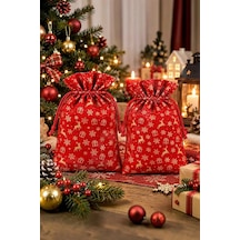 Yılbaşı Kırmızı Gold Geyik Ve Kar Tanesi Desenli Hediye Kesesi 2 Li Set - 17x23 Cm