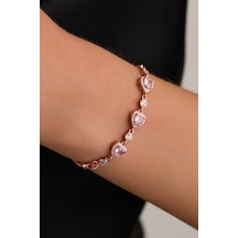 Çekirdekjewelry 925 Ayar Gümüş Rose Gold Kalp Taşlı Kadın Bileklik Ayarlanabilir Zarif Tasarım Pembe