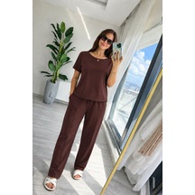Veraura Lifestyle Kadın Kısa Kollu Bisiklet Yakalı Viskon Iki Iplik Bluz Ve Pantolon Ikili Takım Kahverengi