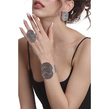 Kadın Antik Gümüş Kaplama Spiral Baskılı Tasarım Küpe &yüzük &bilekik Set Gümüş