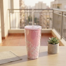 Pipetli Çift Katmanlı Soğuk İçecek Bardağı Boncuklu Tasarımlı Kapaklı Pipetli Bardak 20 Cm, Smoothie Ve Soğuk İçecekler İçin Yeniden Kullanılabilir Bardak Açık