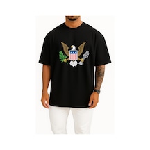 Bahriyeli Collection Oversize American Bald Eagle Göğüs Tasarımlı Unisex T-shirt Siyah