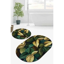 Yeşil Yaprak Temalı Oval Banyo Klozet Paspas Seti Bs058n11