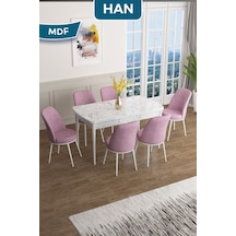 Canisa Han Serisi, 70x114 Açılabilir Mdf Masa Takımı, Beyaz Mermer Desen Masa Ve 6 Pembe Sandalye Masa Beyaz Mermer Desen Sandalye Pembe