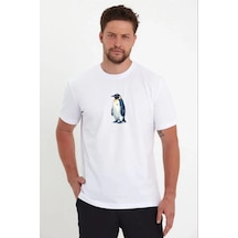 Vexor Erkek T-shirt Penguen Baskılı Bisiklet Yaka Kısa Kol Yazlık Tişört - Beyaz Çok Renkli