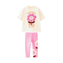 Kız Çocuk 3d Papatya Çiçek Detaylı Pamuklu Taytlı Altüst Takım KREM