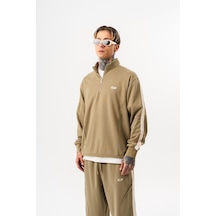 Respire Erkek Pis Dikiş Detaylı Yarım Fermuarlı Diagonel Sweatshirt Haki