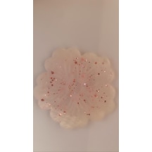 Sedefli Beyaz Üzerine Pembe Glitterli Çiçek Desen Bardak Altlığı Beyaz