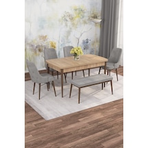 Jusie Meşe Desen 80x132 Açılabilir Sunta Masa Yemek Odası Takımı, Mutfak Takımı 4 Sandalye, 1 Bench Gri
