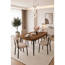 Renlife Açılır Yemek Masası Ve Sandalye Seti Metal Ayaklı 4 Sandalye + 80x130 Masa Ceviz Ceviz Kapiçino