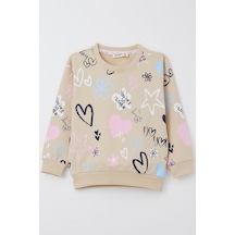 Breeze Kız Çocuk Sweatshirt Sevgi Temalı Desenli 3-8 Yaş, Bej Bej