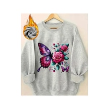 Herkesemoda Kelebek Baskı Detaylı Bisiklet Yaka Sweatshirt Gri