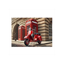 Retro Vespa Ve Telefon Kulübesi Desenli Mdf Tablo