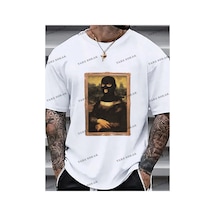 Kod Trend Erkek Büyük Beden Komik Mona Lisa Baskılı T-shirt Beyaz
