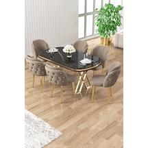 Canisa Zae Serisi 90x168 Lak Panel Siyah Mermer Desen Gold Ayak Masa Takımı 6 Cappucino Sandalye Sonata Masa Cappucino Sandalye Ayaklar Gold