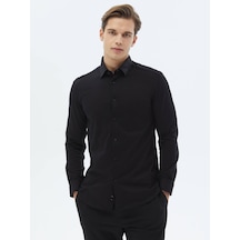 Kip Siyah Düz Regular Fit Dokuma Casual Pamuk Gömlek Siyah