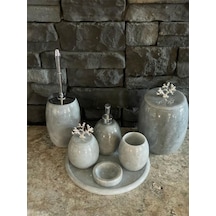 Gri Doğal Mermer Gümüş Mercan Aksesuarlı Oval 7,li Banyo Seti Beyaz