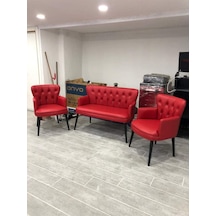 Garden House Pera Ofis Büro Bekleme Koltuk Takımı Kırmızı Renk Ahşap Ayak Kapitoneli Kırmızı